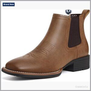 Men's Square Toe Western Boots Slip On Casual Retro Ankle Boots